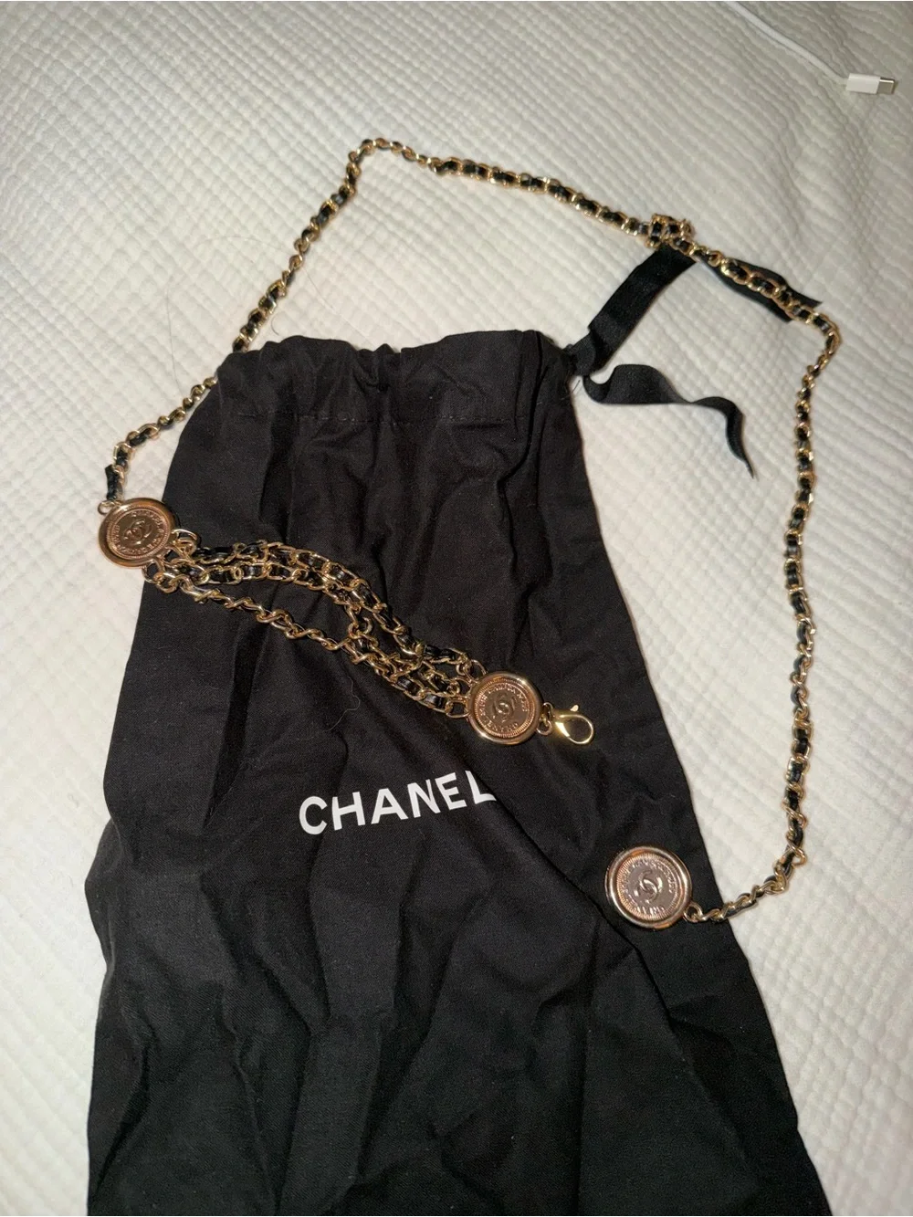 CHANEL Gold and Black Chain Crossbody Strap with Medallion Accents
